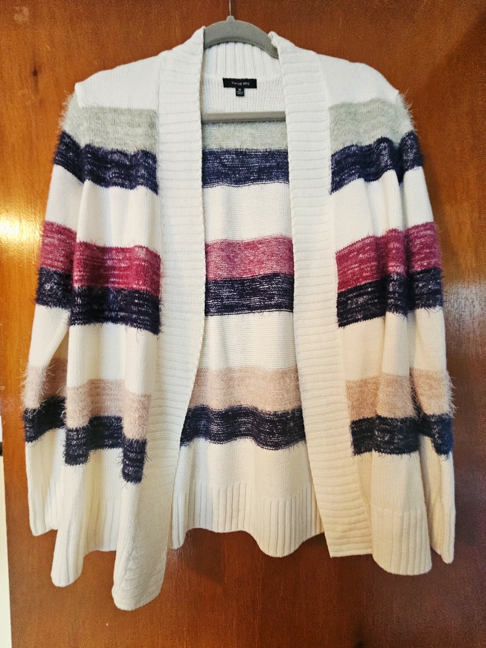 Verve Ami Cream Open-Front Cardigan with Navy, Berry & Blush Stripes